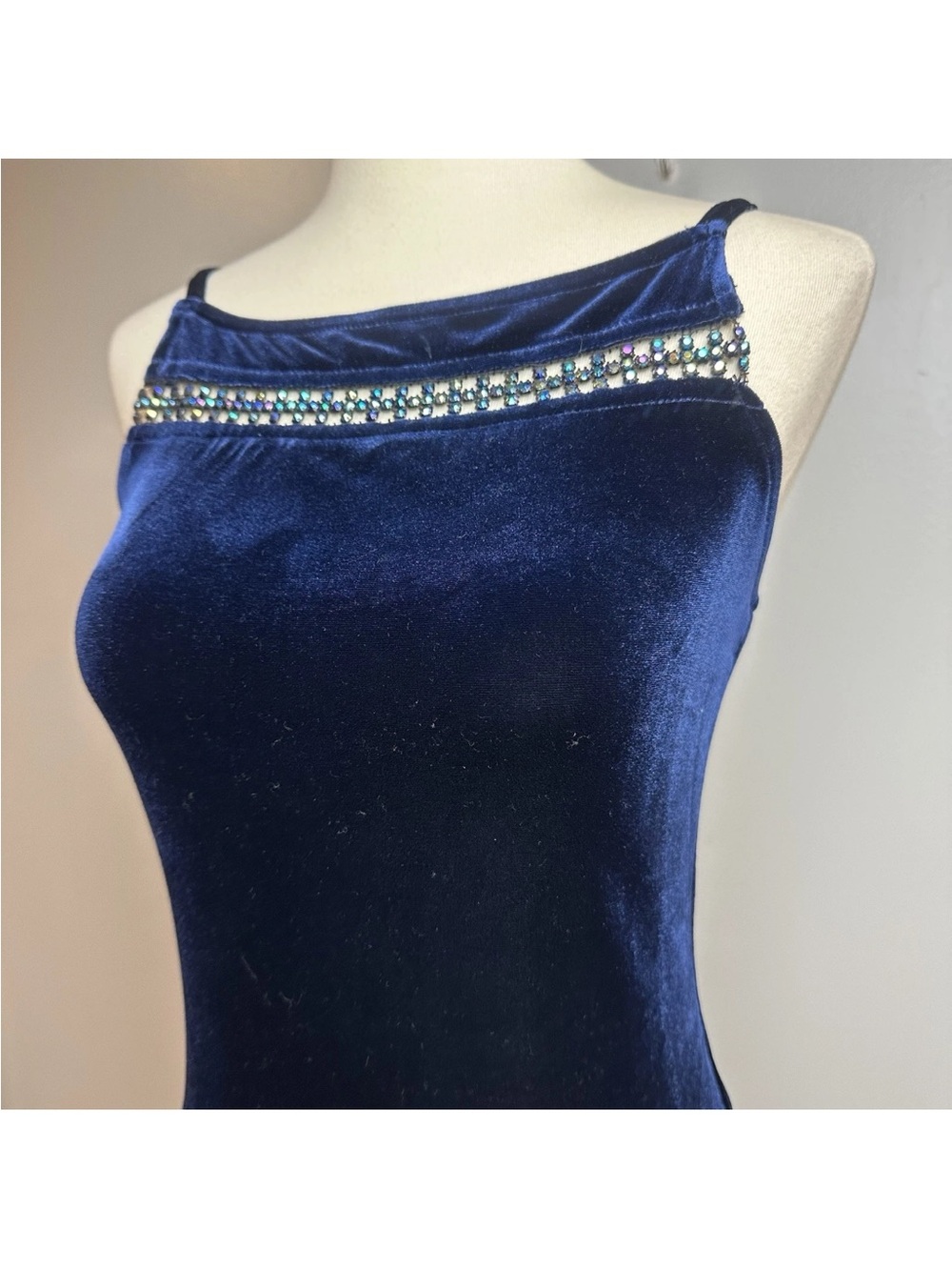 Vintage Y2K All That Jazz Size XS/S Velvet Formal Dress Navy Blue Beaded Accent - Picture 4 of 14